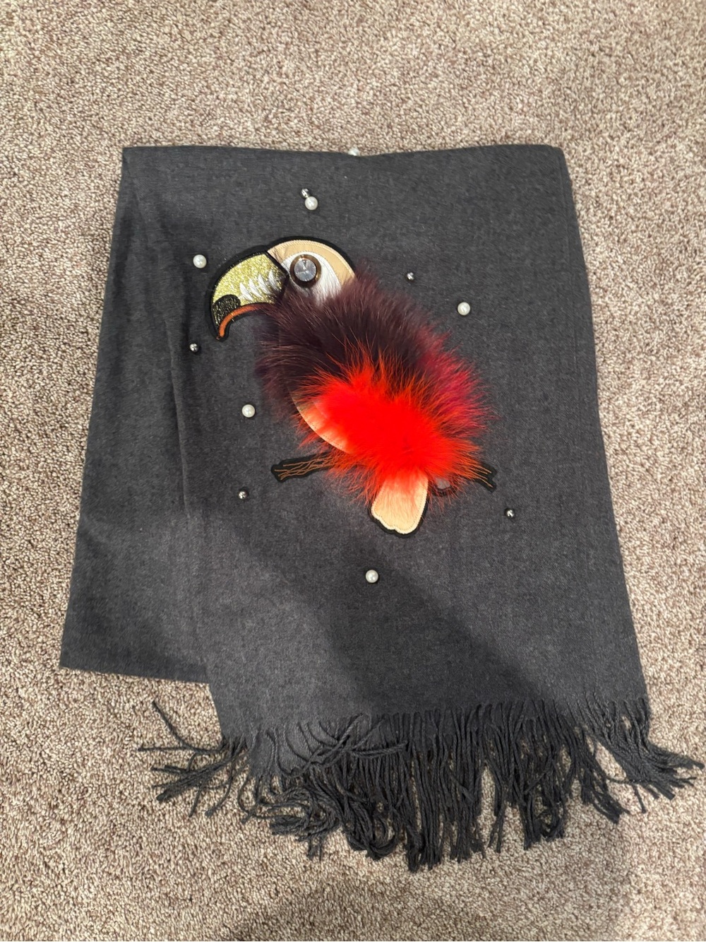 Black Feather Appliqué Fringe Scarf with Red Accent